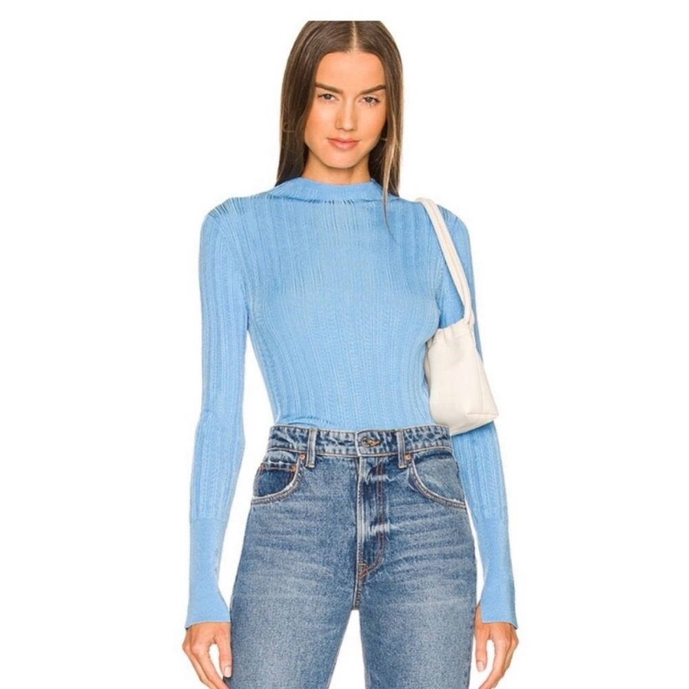 Rag & Bone Dawson Mock Neck Textured Ribbed Top Bright Blue Size Large